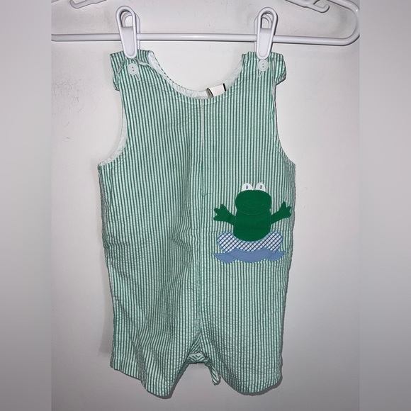Vintage Green Striped Baby Romper with Frog Patch - Picture 1 of 9